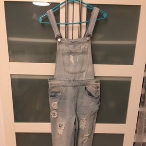 Forever 21 Light Wash Distressed Denim Overalls